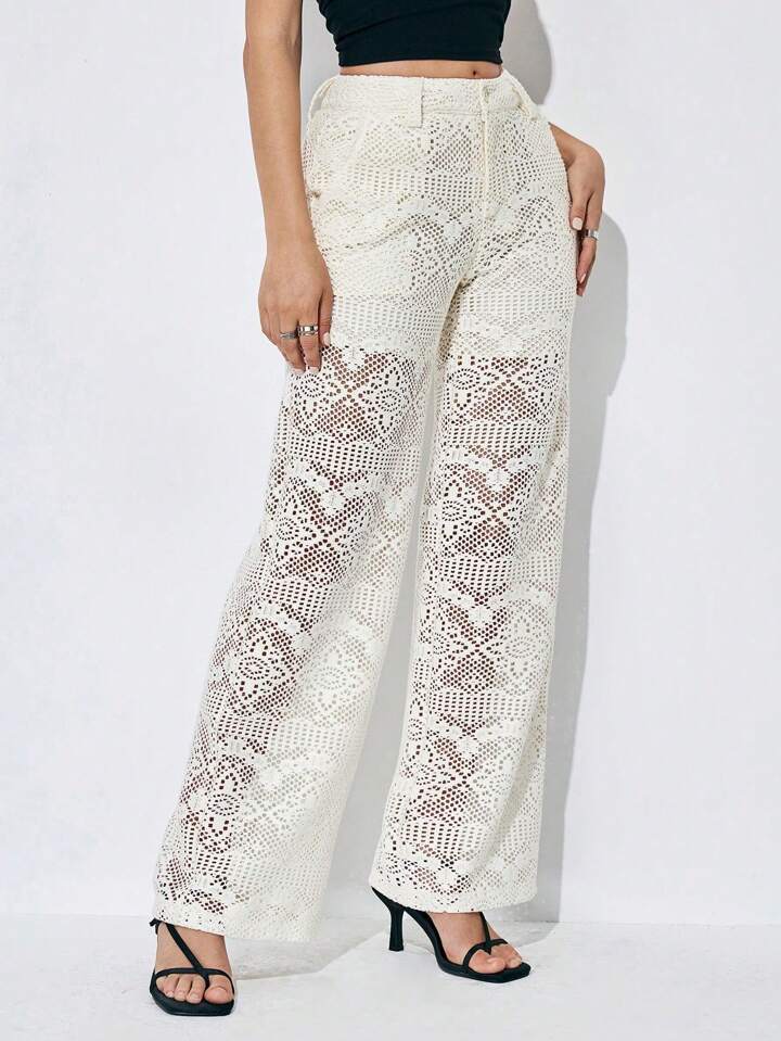 CM-BS818585 Women Trendy Bohemian Style Solid Color Lace Straight Wide Leg Pants - Beige