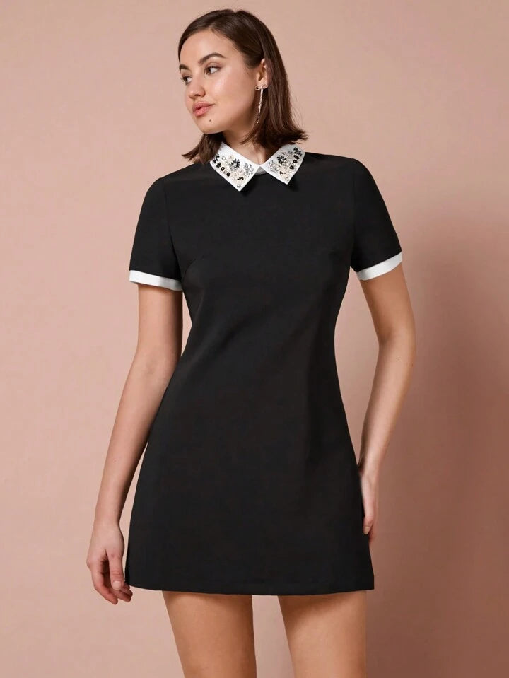 CM-DS235485 Women Elegant Seoul Style Pearl Rhinestone Decor Collar Short Sleeve A-Line Short Dress
