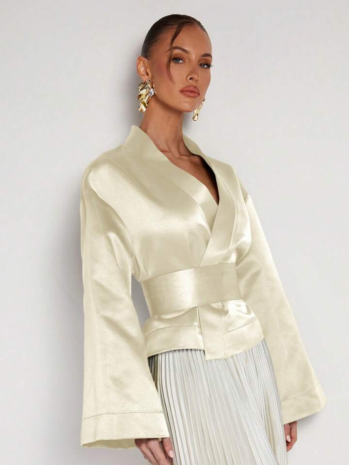 CM-TS832033 Women Elegant Seoul Style Solid Color V-Neck Wrap Flared Sleeve Blouse - Apricot