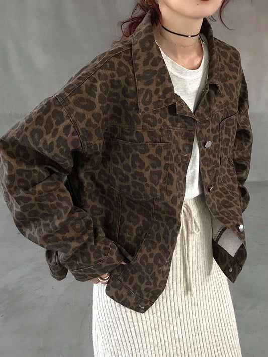 CM-CS467579 Women Casual Seoul Style Collar Neckline Long Sleeve Leopard Print Loose Denim Jacket