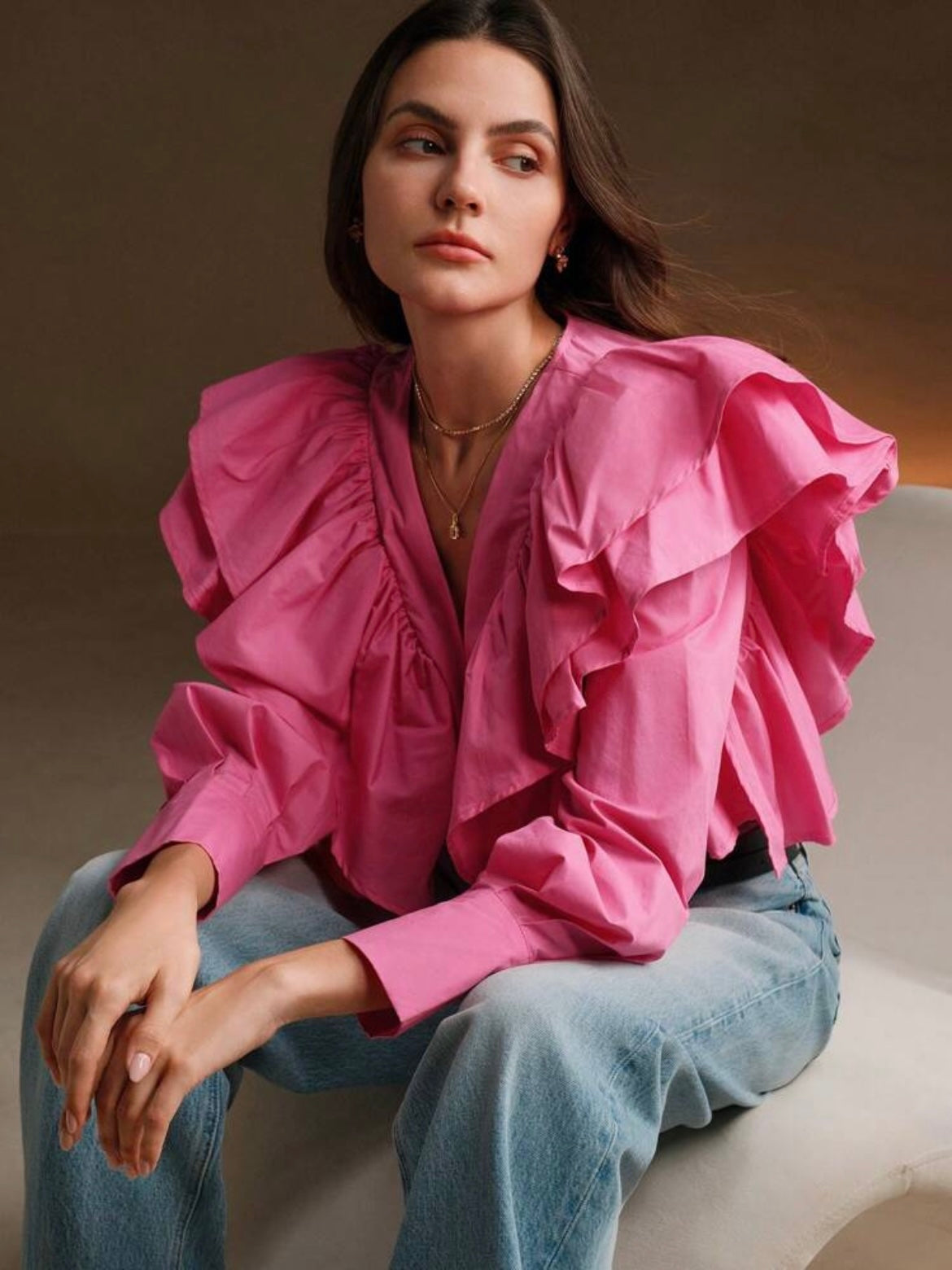 CM-TS799242 Women Elegant Seoul Style Exaggerated Ruffle V-Neck Long Sleeve Blouse - Pink