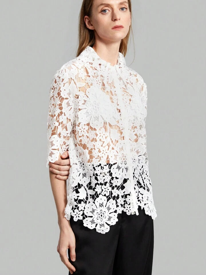 CM-TS357252 Women Casual Seoul Style Stand Collar Short Sleeve Lace Hollow Out Shirt - White