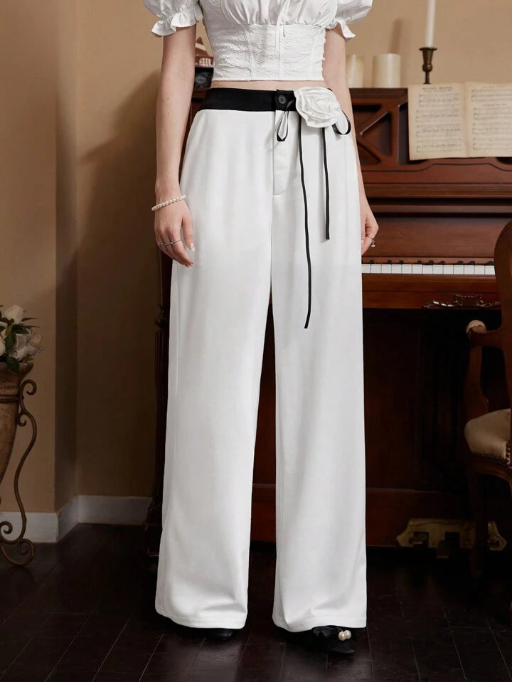 CM-BS792020 Women Elegant Seoul Style Contrasting Color 3D Floral High Waist Trousers - White