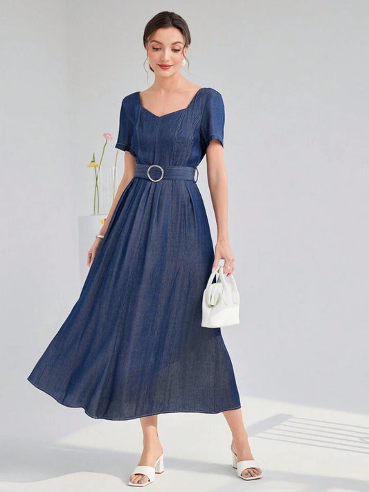 CM-DS381116 Women Casual Seoul Style Solid Color Sweetheart Neckline Puff Sleeve Maxi Dress - Blue