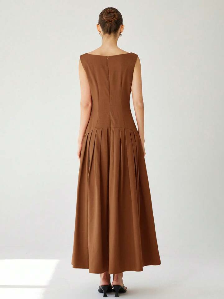 CM-DS711411 Women Elegant Seoul Style Sleeveless Cinched Waist Low Waist Pleated Ruffle Hem Long Dress - Brown