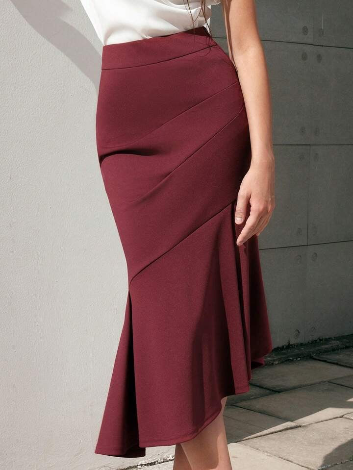 CM-BS574022 Women Elegant Seoul Style High Waist Fish Tail Hem Skirt - Burgundy