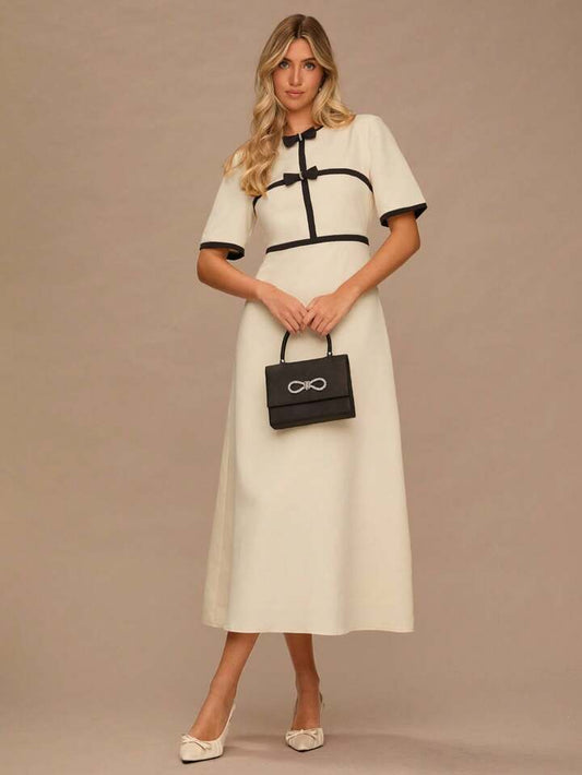 CM-DS063033 Women Elegant Seoul Style Bow Decor Round Neck Short Sleeve Long Dress - Apricot
