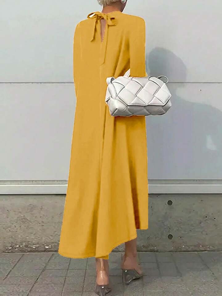 CM-DS560291 Women Elegant Seoul Style High Collar Long Sleeve Mid-Length Dress - Yellow