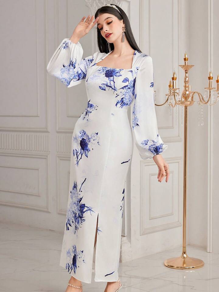 CM-DS919193 Women Elegant Seoul Style Square Neck Floral Print Lantern Sleeve Dress