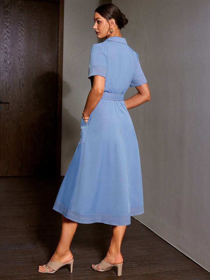 CM-DS373662 Women Casual Seoul Style Collar Neckline Short Sleeve Denim Dress - Light Blue