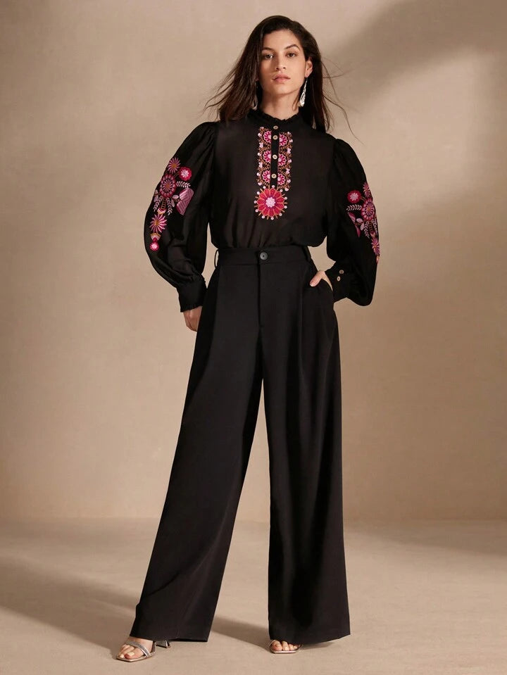 CM-TS085700 Women Trendy Bohemian Style Single-Breasted Floral Embroidery Long Sleeve Shirt