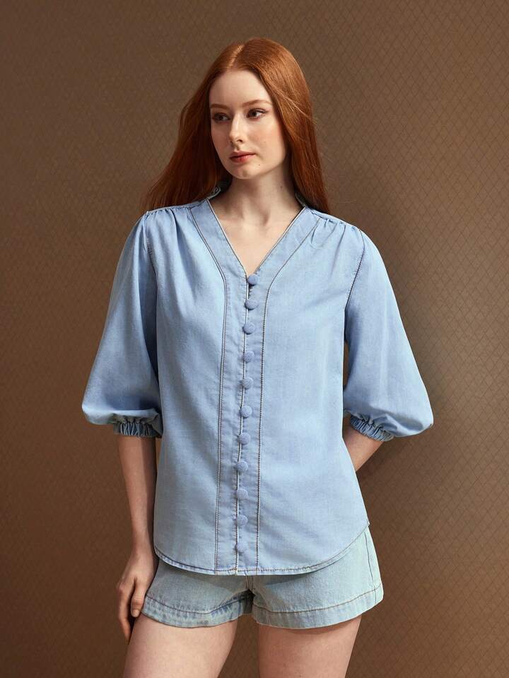 CM-TS906161 Women Casual Seoul Style Notched Neckline 3/4 Sleeve Single-Breasted Denim Blouse - Blue