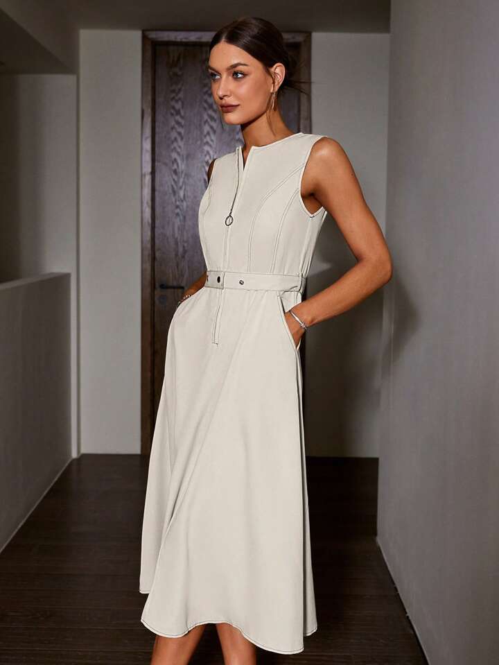 CM-DS234033 Women Casual Seoul Style Round Neck Half Zipper Sleeveless Dress - Light Gray