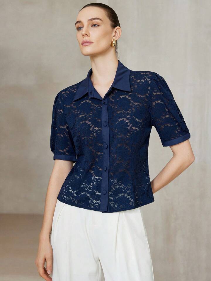 CM-TS471015 Women Elegant Seoul Style Shirt Collar Neckline Short Sleeve Lace Blouse - Navy Blue