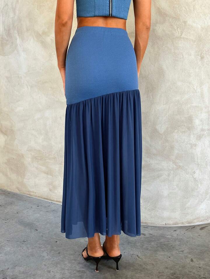 CM-BS333854 Women Casual Seoul Style Mesh Knitted Color Blocking Long Skirt - Blue