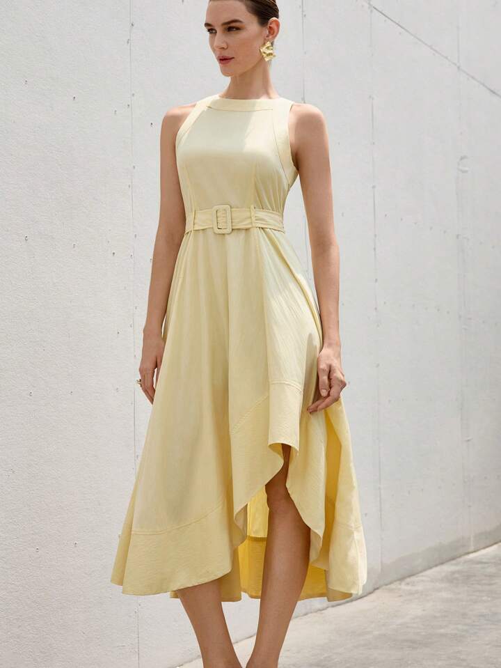 CM-DS531672 Women Elegant Seoul Style Round Neck Cinched Waist Asymmetrical Flare Hem Sleeveless Dress