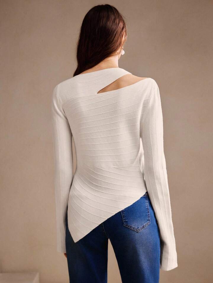 CM-CS093991 Women Elegant Seoul Style Hollow Asymmetric Neck Long Sleeve Knit Sweater - White