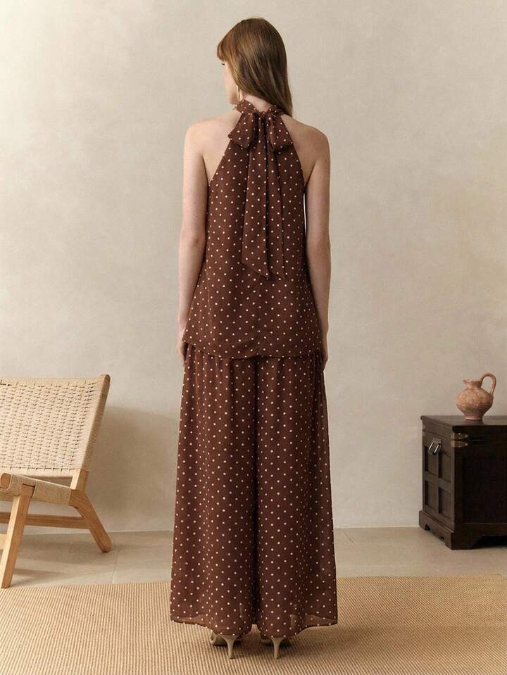 CM-SS926927 Women Trendy Bohemian Style Chiffon Polka Dot Print Sleeveless Halter Neck Top With Skirt - Set