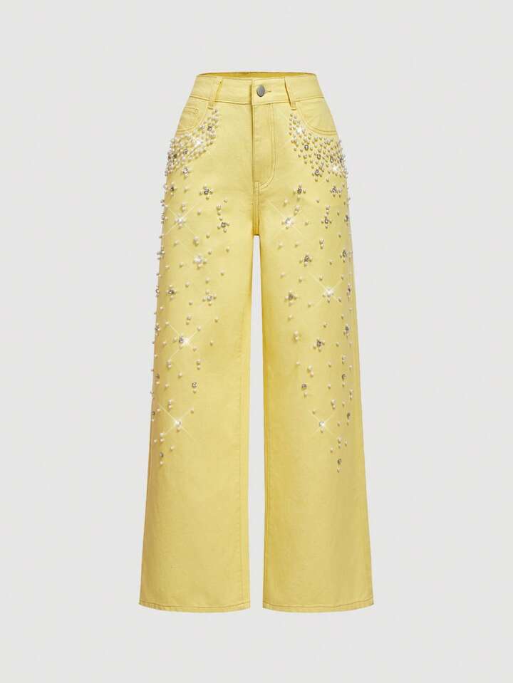 CM-BS414711 Women Casual Seoul Style Pearl Decor Pocket Wide Leg Loose Fit Jeans - Yellow