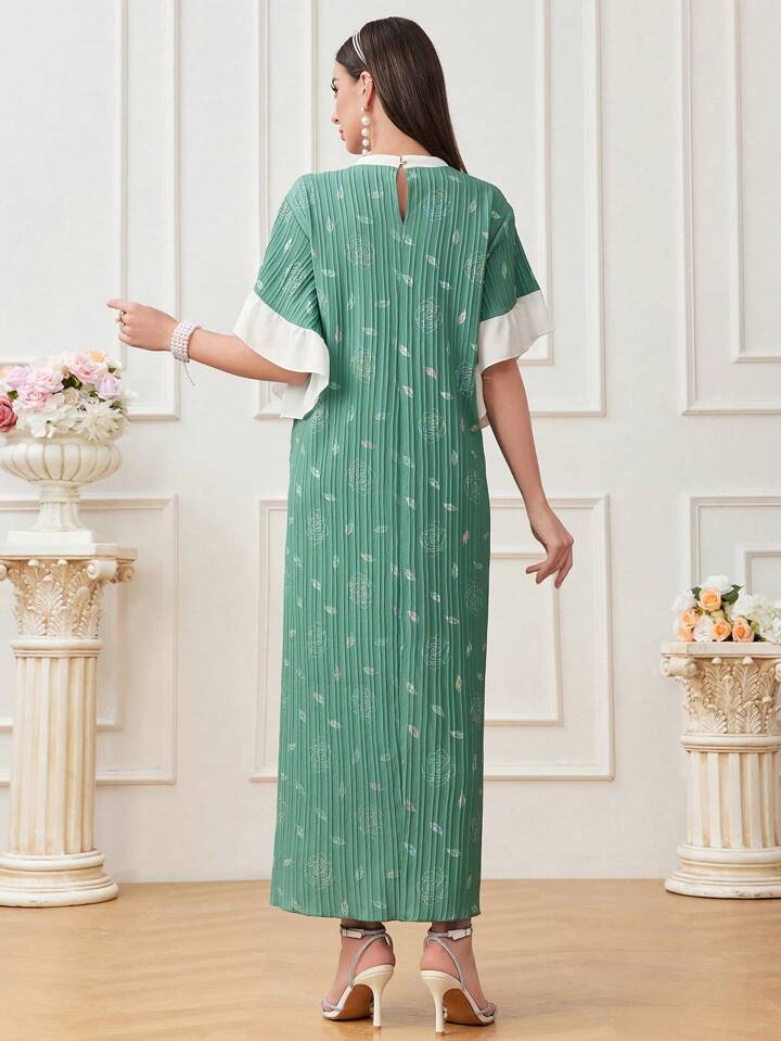 CM-DS800078 Women Casual Seoul Style Floral Leaf Print Patchwork Ruffle Hem Dress - Green