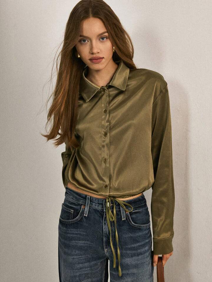 CM-TS161793 Women Elegant Seoul Style Collar Neckline Long Sleeve Drawstring Satin Blouse - Green