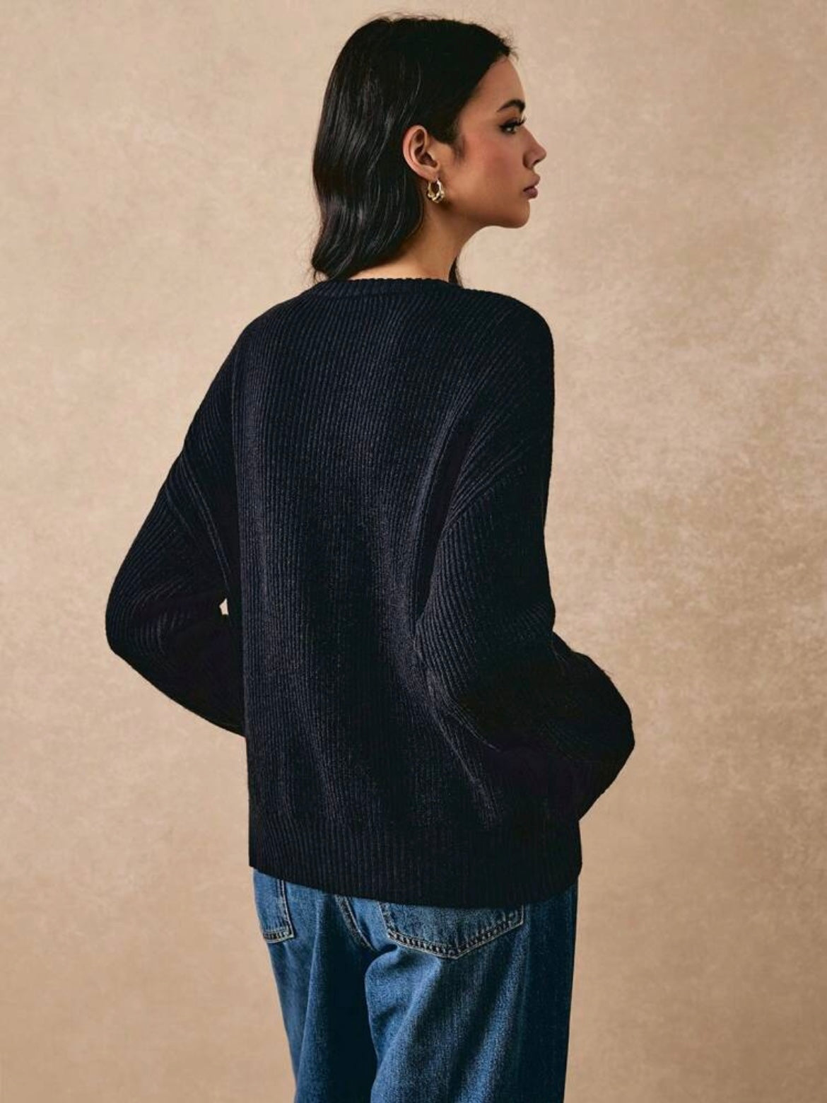 CM-CS928811 Women Casual Seoul Style Round Neck Bow Embellished Long Sleeve Sweater - Black