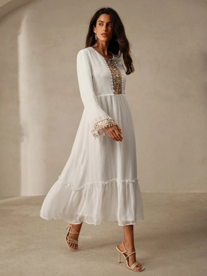 CM-DS694836 Women Trendy Bohemian Style Tie Neck Embroidered Beaded A-Line Dress - White