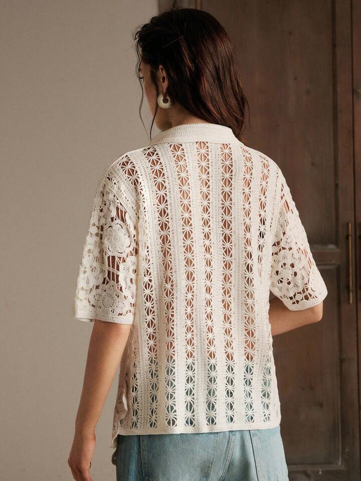 CM-TS333933 Women Casual Seoul Style Hollow Floral Asymmetric Loose Polo Collar Crochet Blouse