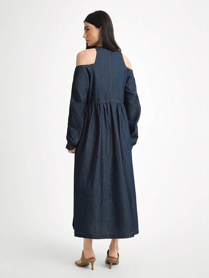CM-DS377584 Women Casual Seoul Style Dark Wash Round Neck Lantern Sleeve A-Line Denim Dress