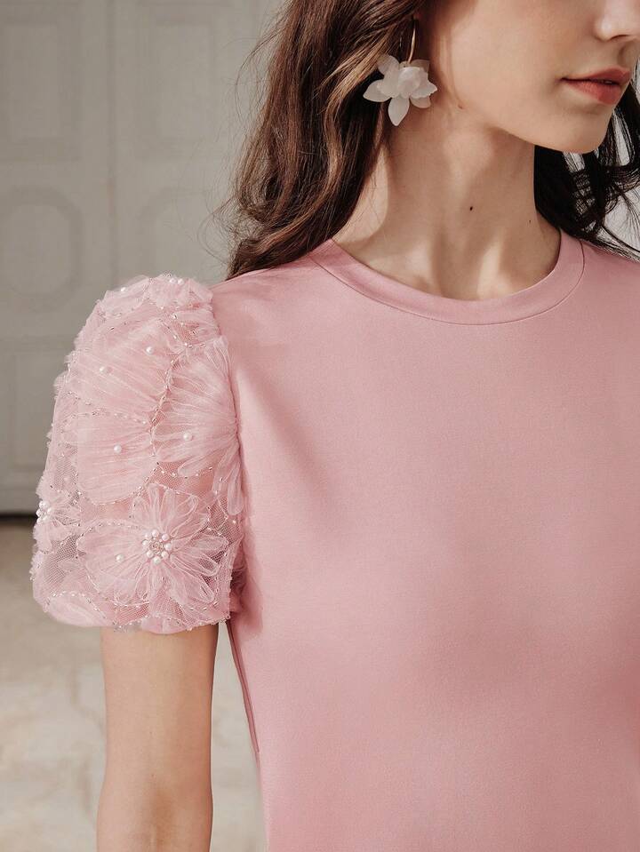 CM-TS064670 Women Elegant Seoul Style Round Neck Puff Sleeve Knit Patchwork Pearl Floral T-Shirt - Pink