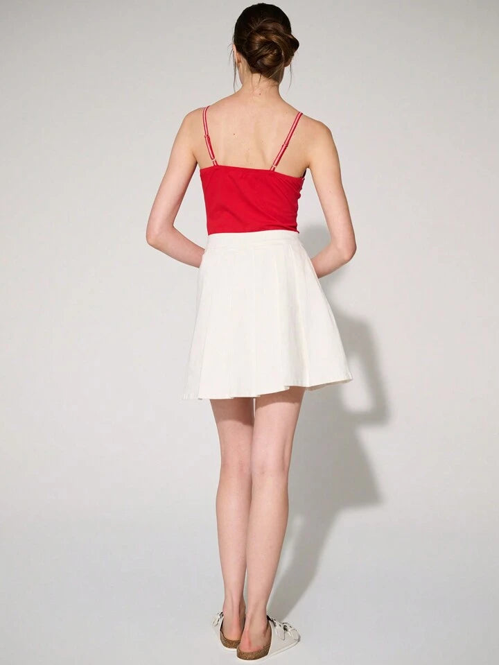 CM-BS554684 Women Casual Seoul Style Drop Waist Pleated Stretch Denim Mini Skirt - White
