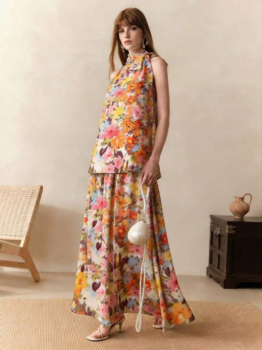 CM-SS363003 Women Trendy Bohemian Style Floral Print Tie Neck Sleeveless Top With Long Skirt - Set
