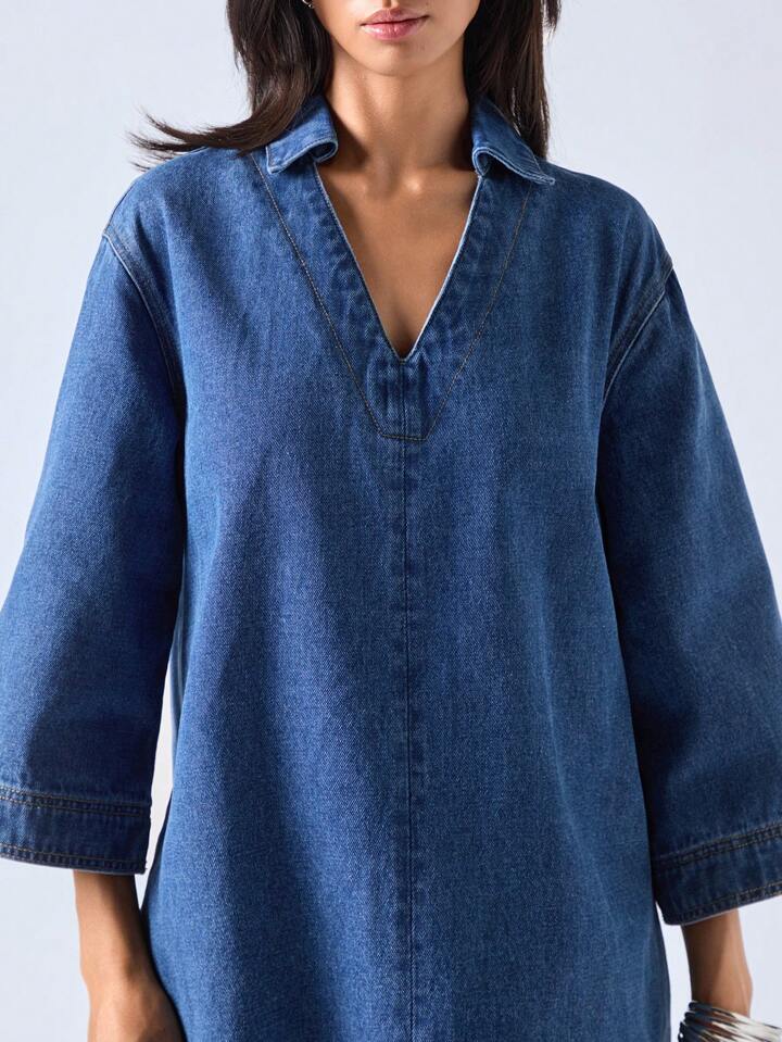 CM-DS233229 Women Casual Seoul Style V-Neck Half Sleeve Mid Waist Loose Mini Denim Dress - Blue