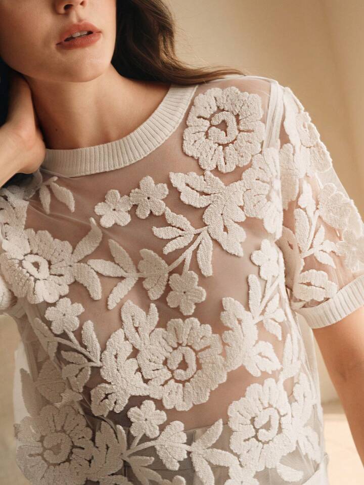 CM-TS314114 Women Casual Seoul Style Floral Mesh Round Neck Short Sleeve Knit Top - White
