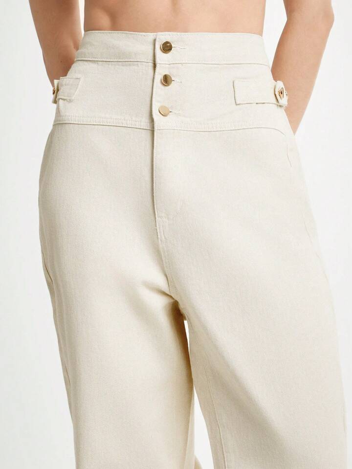 CM-BS240424 Women Casual Seoul Style Ultra High Waist Plain Extra Long Straight Leg Jeans - Beige