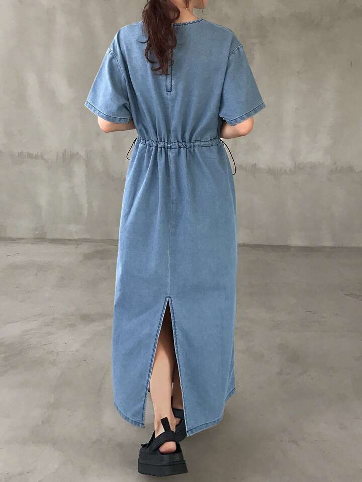 CM-DS589815 Women Casual Seoul Style Round Neck Short Sleeve Drawstring Waist Midi Denim Dress - Blue