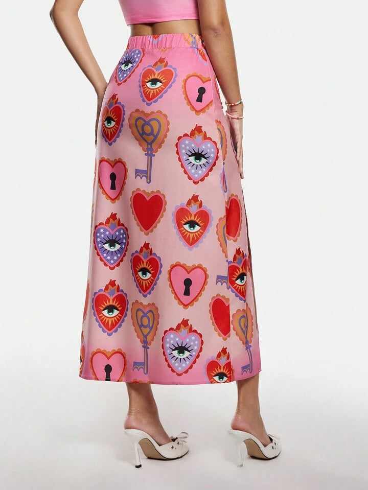 CM-BS741081 Women Casual Seoul Style Graphic All Over Print A-Line Midi Skirt