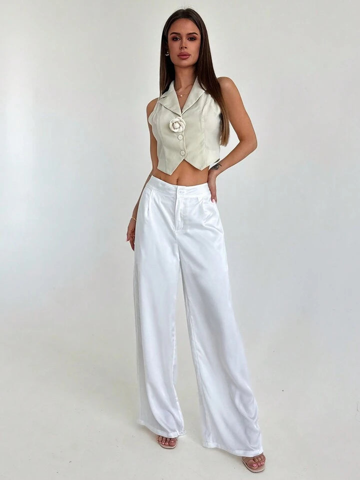 CM-BS063961 Women Casual Seoul Style Low Waist Pleated Straight Leg Long Pants - White