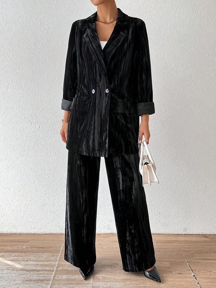 CM-SS634343 Women Elegant Seoul Style Stand Collar Long Sleeve Velvet Jacket With Straight Leg Pants Suit - Black