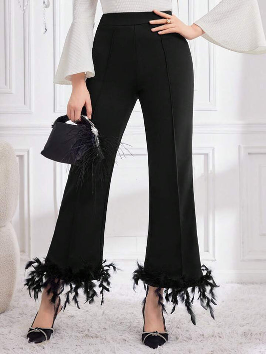 CM-BS368716 Women Elegant Seoul Style High Waist Feather Hem Flare Pants - Black