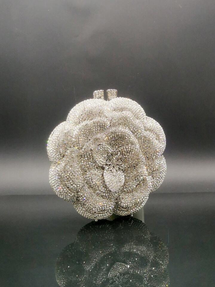 CM-BGS061611 Women Elegant Seoul Style Floral Design Rhinestone Crystal Handmade Clutch Bag - Silver