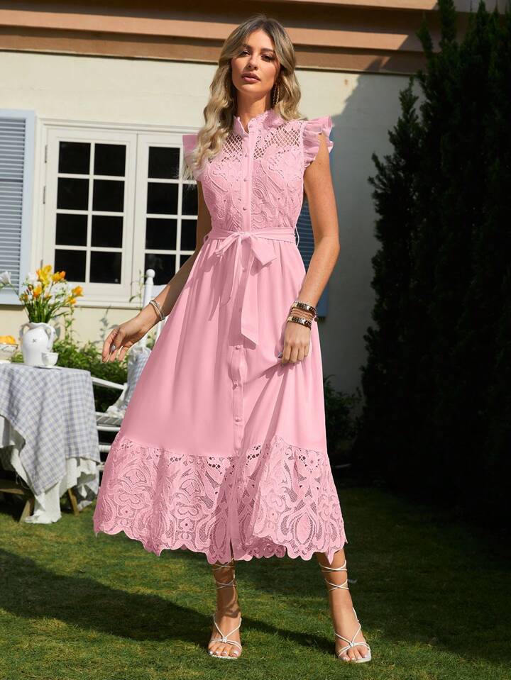 CM-DS652165 Women Elegant Seoul Style Stand Collar Flying Sleeve Dress - Baby Pink