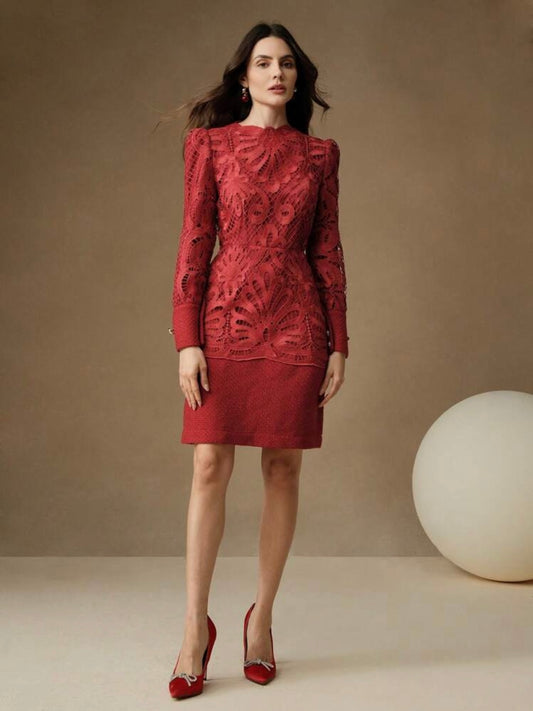 CM-DS114407 Women Elegant Seoul Style Stand Collar Long Sleeve Lace Patchwork Cheongsam Dress - Burgundy