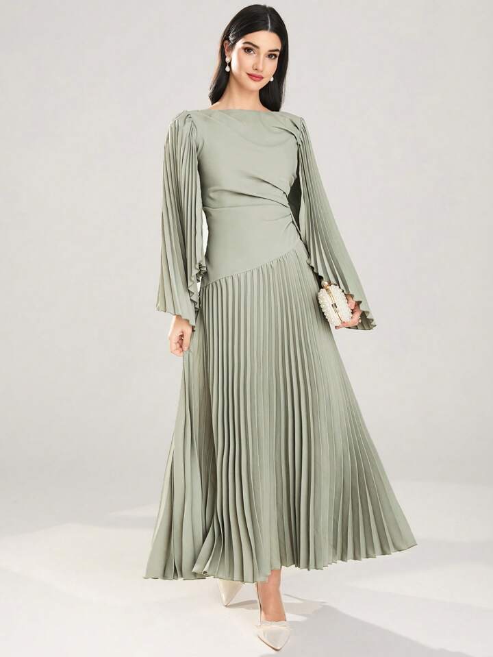 CM-DS972736 Women Elegant Seoul Style Round Neck Long Sleeve Asymmetrical Pleated Dress - Green