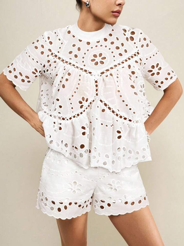 CM-SS780610 Women Casual Seoul Style Hollow Out Embroidered Loose Blouse With Wide Loose Shorts - Set