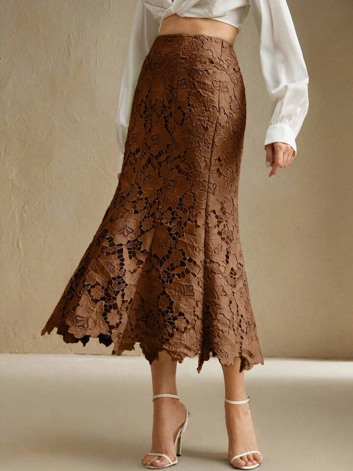 CM-BS325808 Women Elegant Seoul Style Mid Waist Patchwork Design Lace Hollow-Out Midi Skirt - Coffee Brown