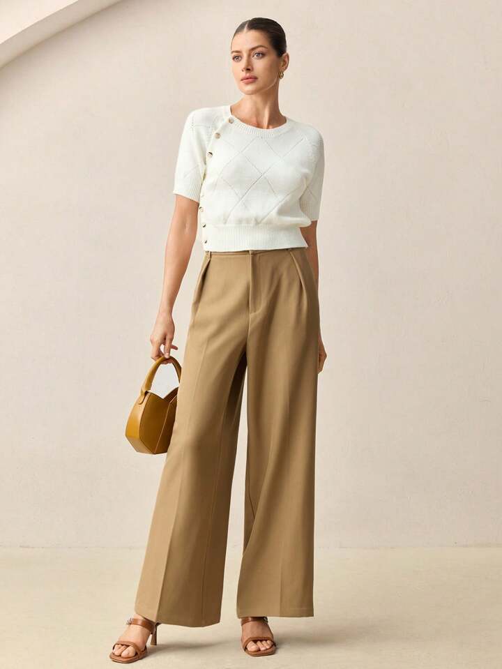 CM-TS942549 Women Casual Seoul Style Solid Color Round Neck Short Sleeve Knit Blouse - White