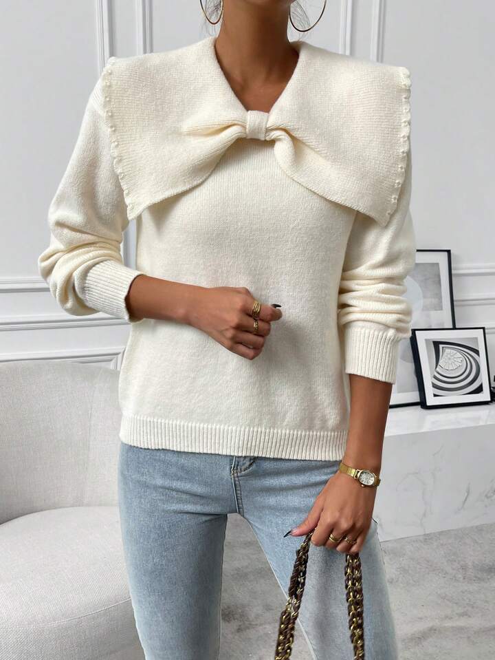 CM-CS575335 Women Casual Seoul Style Statement Collar Bow Front Long Sleeve Sweater - Apricot