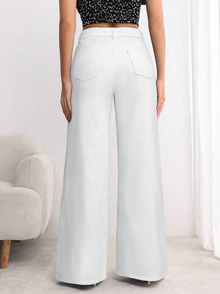 CM-BS099389 Women Elegant Seoul Style Button Front Pocket Loose Wide Leg Jeans - White