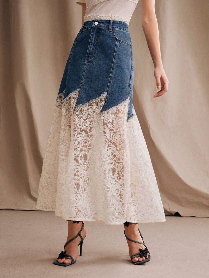 CM-BS740722 Women Casual Seoul Style Mid Waist Glitter Lace Mermaid Maxi Denim Skirt - Blue
